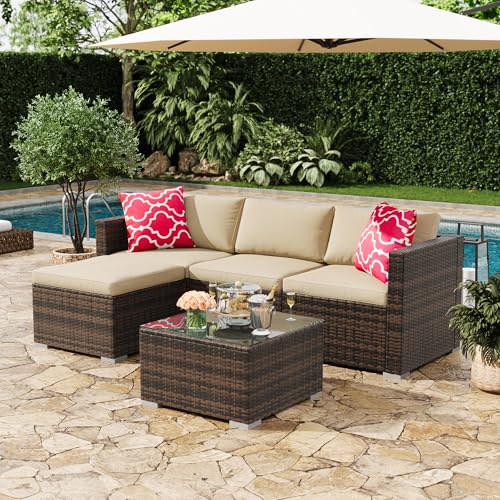 Image of GAOMON 5-Piece All-Weather Patio Furniture Set, Convertible Outdoor Sectional Sofa with Ottoman & Tempered Glass Table, PE Rattan Conversation Set for Garden, Backyard, Porch, Poolside