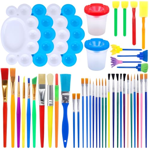 BigOtters Painting Brushes 45PCS Kids All Purpose Paint Supplies Include Paint Cups with Lids Palette Tray Multi Sizes Brush for Children Gifts School Prizes Art Party