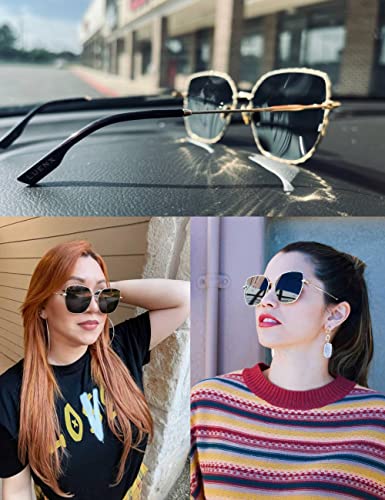 Image of LUENX Square Sunglasses for Women Oversized-Trendy Polygon Flat Three dimensional Rhombic Loop Wire Frame PC Lens, Gold Frame /Grey Lens,