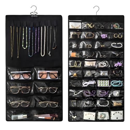 Double-Sided Hanging Jewelry Organizer with 48 Pockets and 8 Hooks – Versatile Accessories Holder for Earrings, Necklaces, Rings, Glasses – Wall, Door, or Closet Mounted Jewelry Hanger.