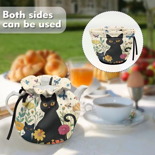 Image of Xoenoiee Tea Cozy Cotton Tea Cosy for Teapots Black Cat Buttefly Floral Art Pattern Keep Warm Teapot Cover Insulated Kettle Cover for Home Kitchen Table Decor