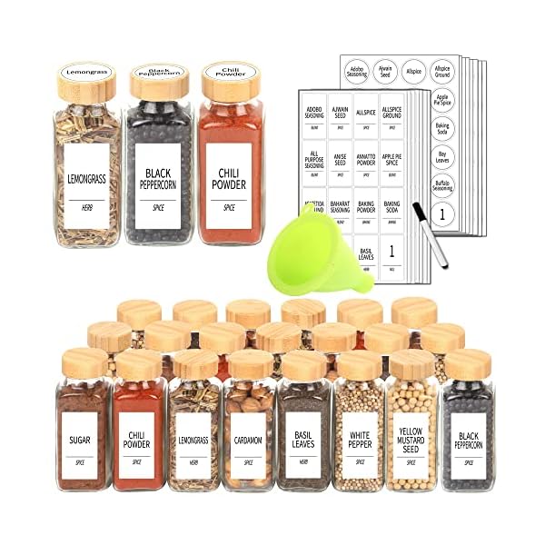 SWOMMOLY 24 Pcs Glass Spice Jars with Labels, 8 oz Spice Jars with Bamboo Lids, Empty Spice Bottles with Shaker Lids, Spice Containers with 366 White Spice Labels, Chalk Marker, Funnel Set