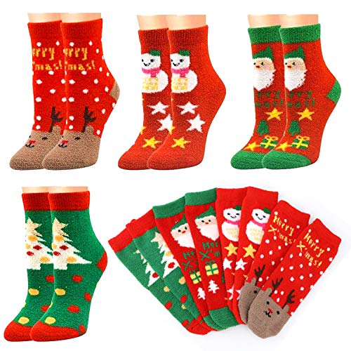 HOWAF 4 Pares Calcetines térmicos Mujer, Navidad Calcetines de Cálidos Felpa Calcetines Pijamas Invierno Mujer calentitos Navidad Algodón Calcetines Mujer Niña