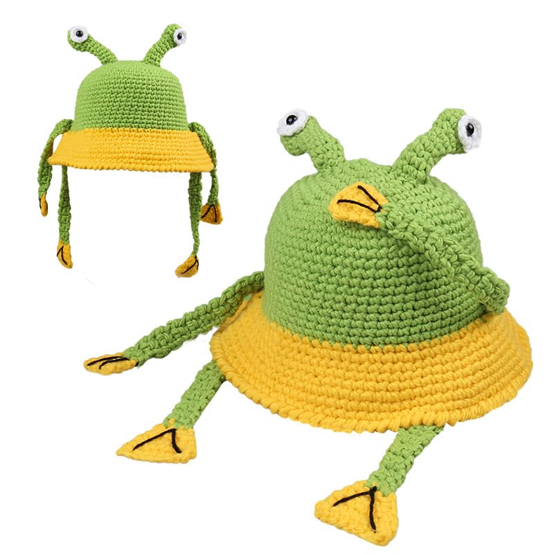 Funny Handmade Handwoven Cartoon Frog Crochete Hat for Music Festival Stylish Frog Fisherman Hat Green