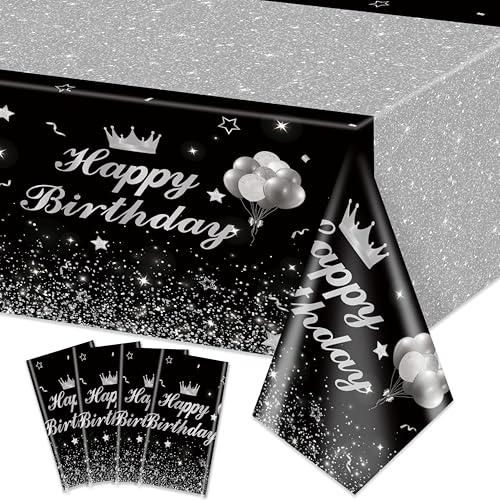 Image of 4 Pcs Happy Birthday Black and Silver Party Tablecloths - Silver Black Party Decorations Plastic Tablecloth Rectangular Table Covers for Boy Girl Baby Shower Birthday Table Supplies, 51 x 86.6 Inch