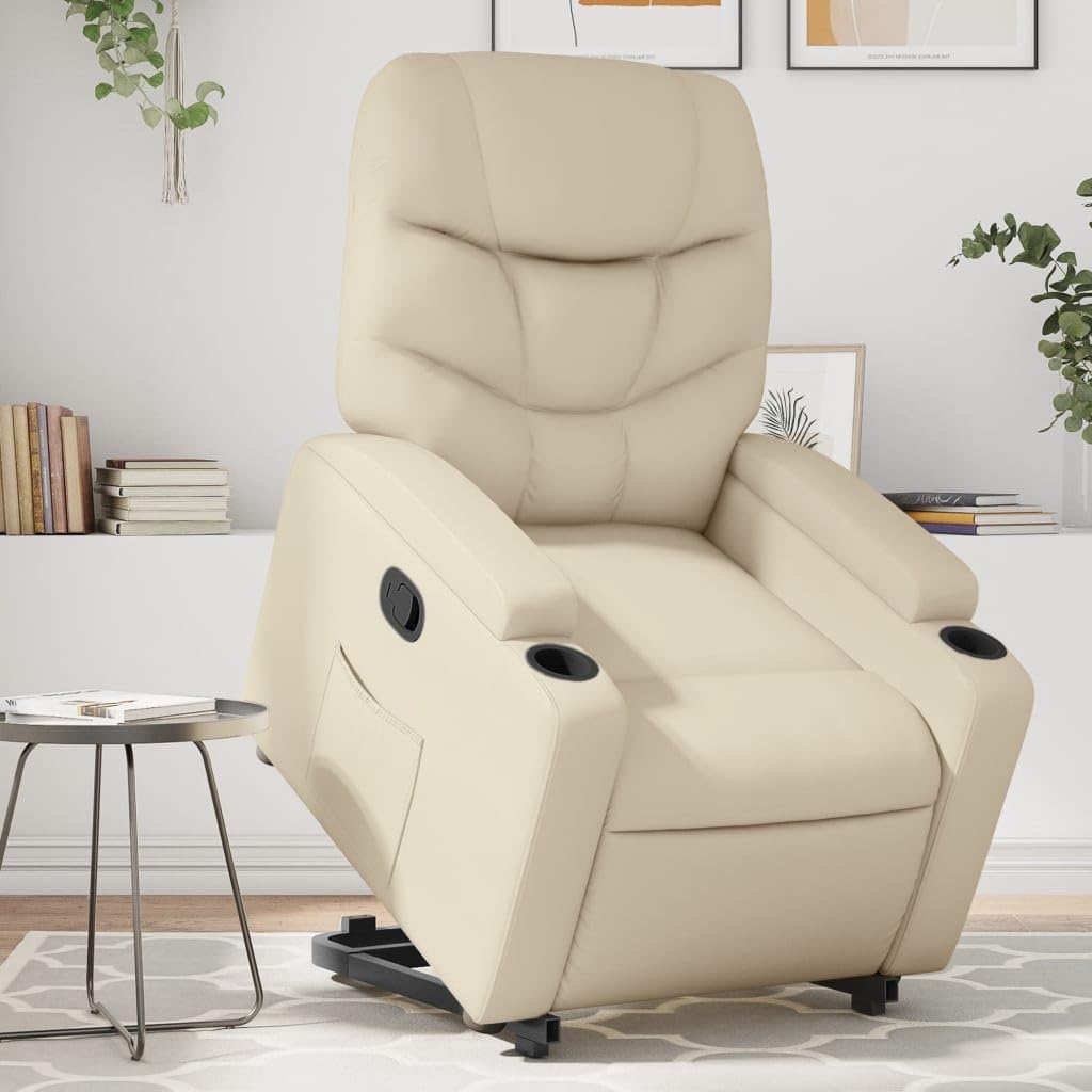 Sillón elevador eléctrico reclinable de piel sintética color crema con función de elevación y reclinación manual hasta 135 grados, cómodo con portavasos y bolsillo lateral