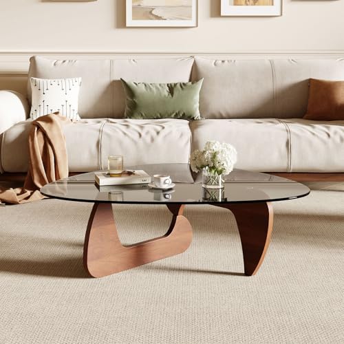 Miloyer Modern Coffee Table for Living Room and Small Spaces, 43.3' x 29.5' x 15.8' Triangle Tempered Glass Table Top and Eco-Friendly Solid Wood Base, Walnut