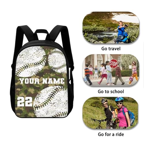 Xoenoiee CUSTOM Kids Backpack Set for Boys Girls School Bookbag Lunch Bag Pencil Bag 3 in 1 Set CUSTOMIZE Your Name and Number with Green Camo Baseball Pattern2