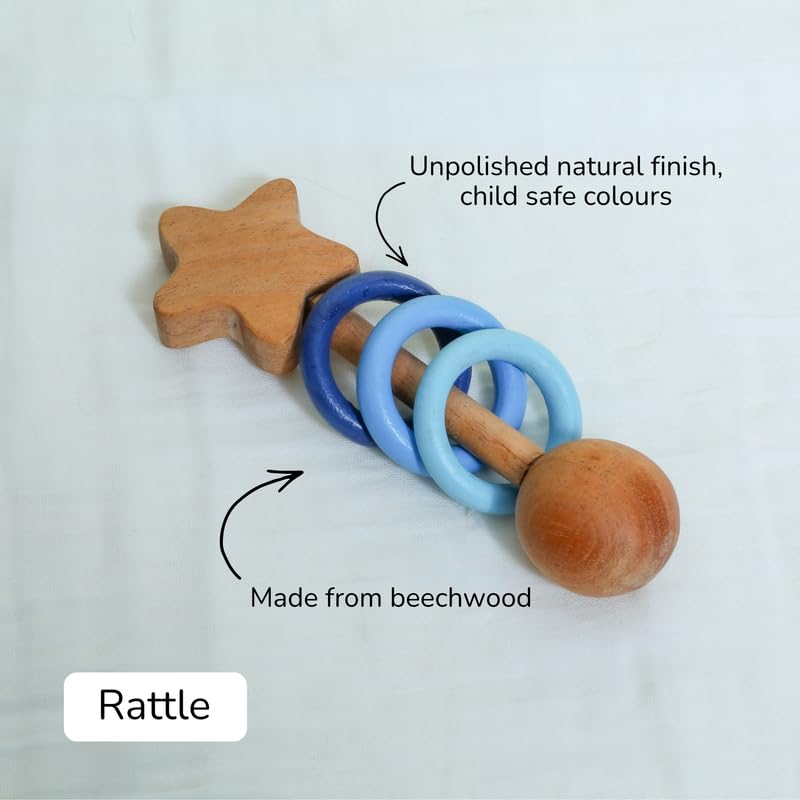 Image of Baby Gift Set - Chand Tara | Newborn Gift Set with Muslin Swaddle, Wooden Rattle, Rolling Toy & Neem Wood Teether | Handmade in India | Non Toxic Baby Gift