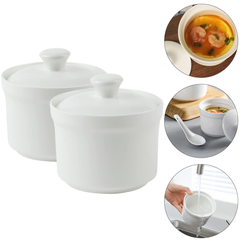 2 Stück Keramik-Eintopf mit Deckel, Dampf-Suppenschüssel, Eierpudding-Schüssel, Servier-Rührschüssel, Dampfbecher, Backgeschirr, Auflauf, Kochgeschirr für Suppe, Nudeln, Reis,