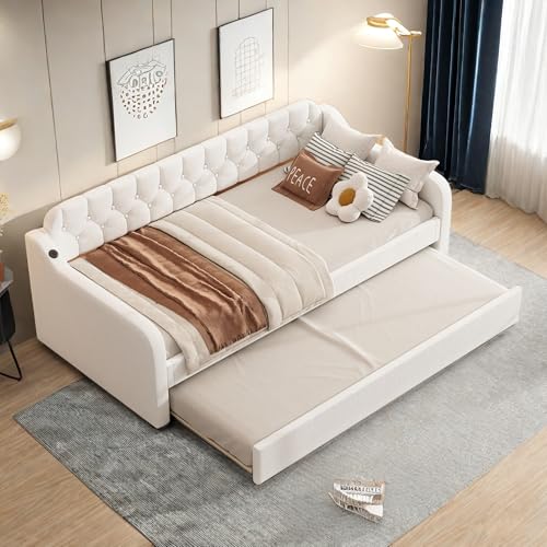 Sapgaks Canapé lit Convertible 90x200cm avec Port USB,Cadre de canape lit 2 Places avec gigogne,clic-clac,méridienne gigogne,Beige(sans Matelas)