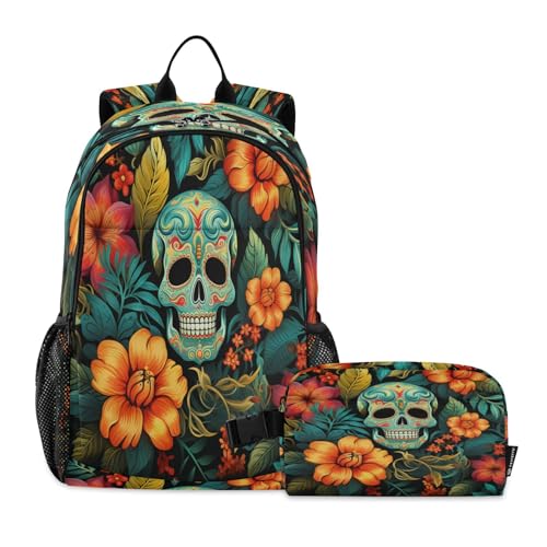 Sac d'école léger durable motif fleurs crâne pour le collège