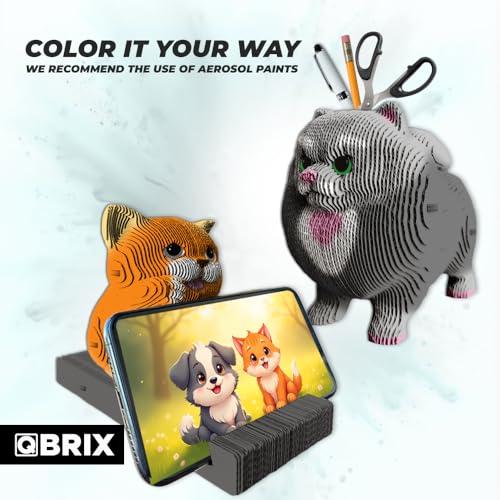 Image of QBRIX 3D Puzzles for Adults Pomeranian Pen Holder and Cat Phone Stand, 3D Puzzles for Adults, 3D Model Kit for Teens, DIY Crafts for Home Decor, Original Gift, Cardboard Model Building Kit