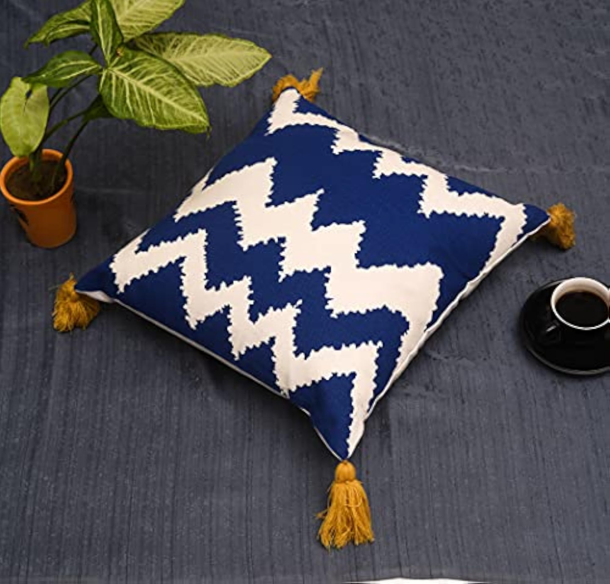 Blue Handmade Bohemian Embroidered Throw Pillow Cover