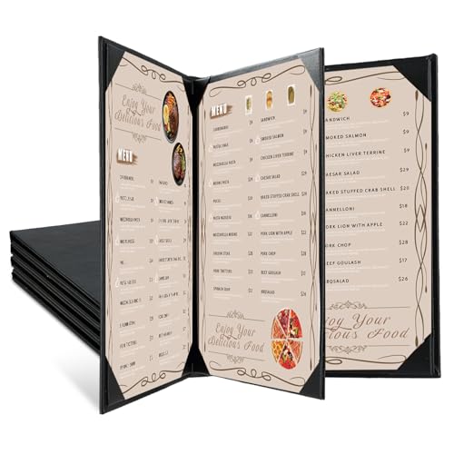 Restaurant Menu Covers Holders 8.5 X 11, 5 Pack Synthetic Leather Menu Holder Covers Book Style with Angled Corners Black for Wine List, Certificate Organizer Diploma Holder (3 Page 4 View)