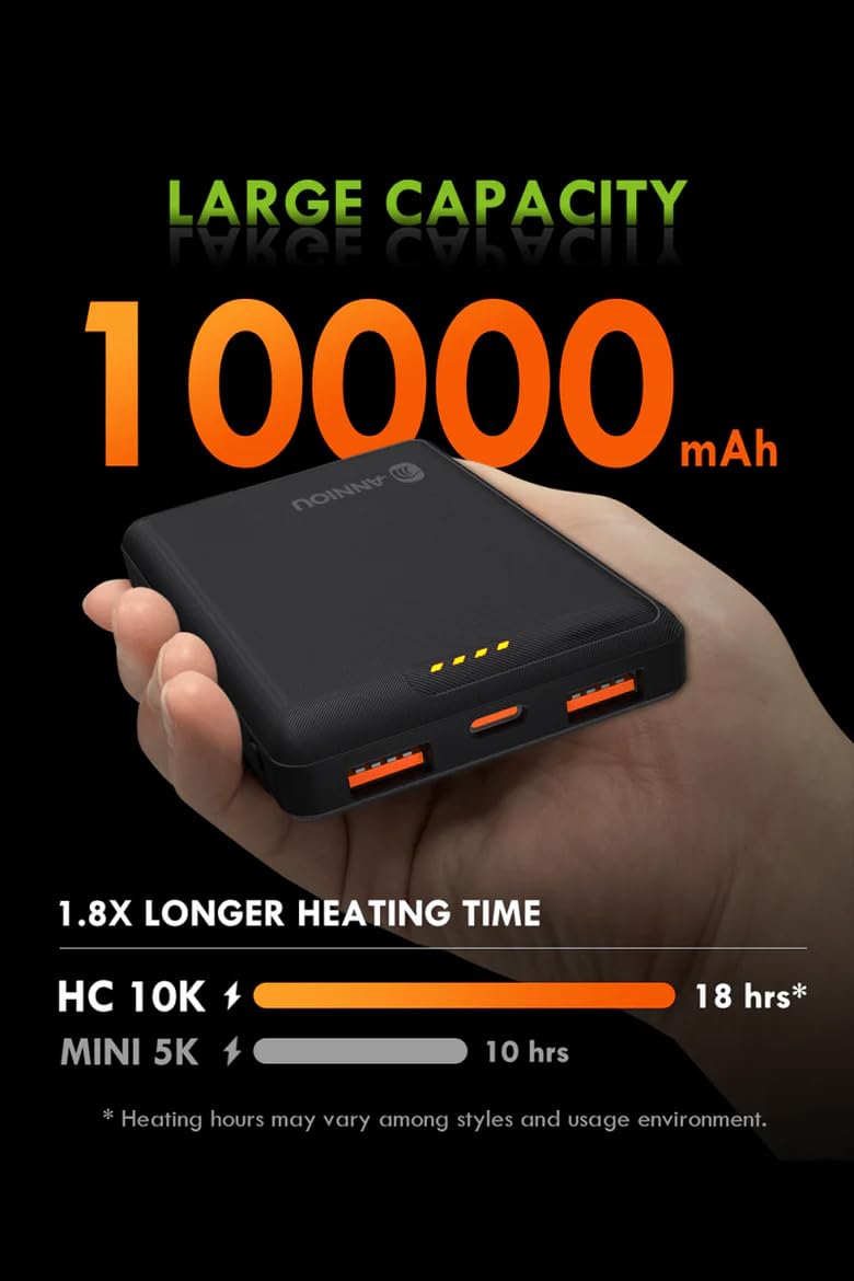Power Bank portatile da 10000 mAh, caricabatterie di grande capacità con protezione NTC, tempo di riscaldamento di 18 ore, nero