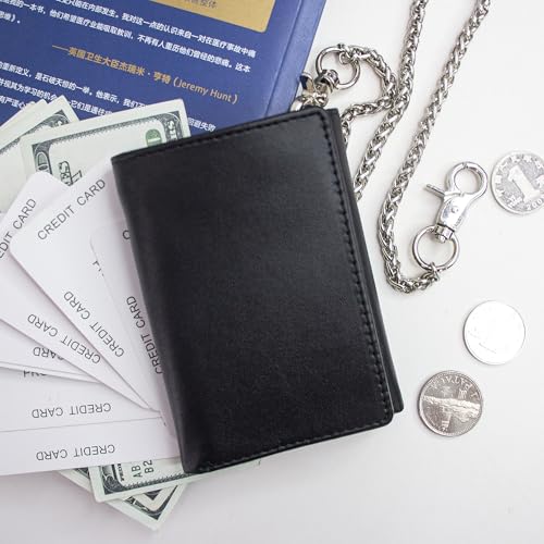 Image of boshiho Genuine Leather Bifold Chain Wallet for Men RFID Blocking | Heavy Duty Steel Anti-Theft Chain & 2 Zipper Coin Purse. Perfect for Bikers, Daily Commute, Gift for Dad /Husband