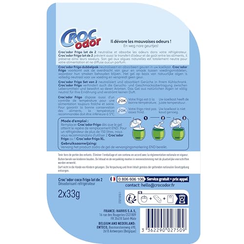 Ambientador para nevera Croc Odor, juego de dos, sin perfume, seguro para los alimentos, con indicador de temperatura, 2 x 33 g, el embalaje puede variar