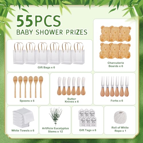 55Pcs Baby Shower Prizes for Game Winners 6 Sets Bear Shaped Cheese Board Gift with Spoons Butter Spreaders Gift Bags Kitchen Towels Bridal Shower Party Favors for Guests (Bear Shaped, 6 Sets)
