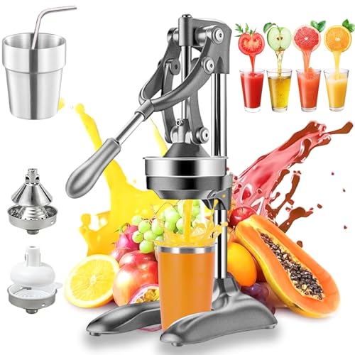 Cast Iron Juicer Hand Press - Easy-to-Clean, Heavy-Duty, Effective Stainless Steel Manual Juicer Fruit Squeezer, Home & Kitchen Professional Manual Citrus Juicers for Lemonade Orange Juice (Silver)