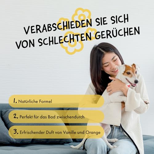 Belly® Hundeparfüm – Duftspray für Hunde & Welpen –250ml– Parfüm für Hunde mit Vanille & Orange – Spray gegen Geruch – pH-neutral – Fellpflege & Hundepflege