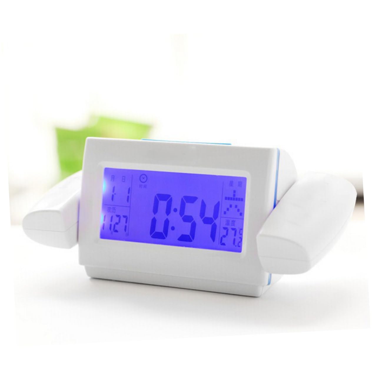 Ciieeo Battery-Powered Projection Alarm Clock Voice Control and Temperature Lens Rotating White Blue Snooze Function Led Backlight