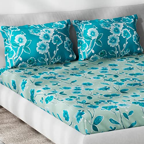 Image of DDECOR - Gardedn Glory 100% Cotton Double Bedsheet with 2 Pillow Covers, Turqouise