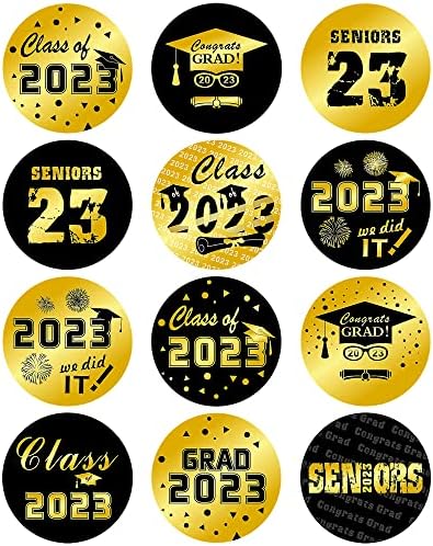 Lucleag 360PCS 2023 Graduation Round Stickers, Class of 2023 Grad Congrats Stickers, 12 Design Circle Graduation Gift Tags Stickers, 2023 Black and Gold Graduation Envelope Seals Candy Stickers