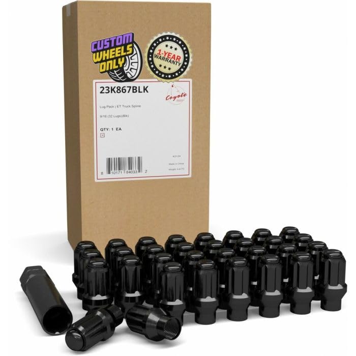 Image of Wheel Accessories Parts 32 Pcs 9 /16 inch-18 Thread ET Bulge Acorn 1.80 inch Long Spline Lug Nuts Black Truck Spline Hex Fits 1994-11 Ram 2500 3500 Chevrolet GMC C2500 C3500