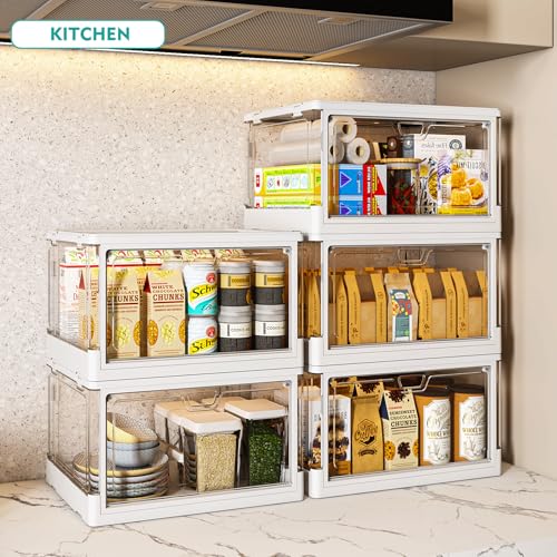 Image of SNSLXH Clear Storage Bins with Lids, Stackable Storage Bins with Magnetic Doors Open Front, Plastic Storage Bins for Living Room, Bedroom, Study Room and Office, 3 Packs, 24QT