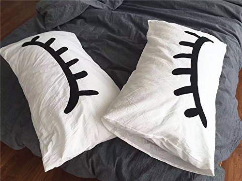 Riseon Cute 2 Pcs Cotton White Embroid Closed Eyes Sleeping Eye Lashes Eyelash Statement Pillow Cases Cover Standard Size Bedroom Pillowcases Valentine Gift-19 X 29 Inches #TOP5