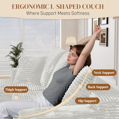 Image of 108 inch L Shaped Boneless Sectional Couches for Living Room, Comfy Corduroy Floor Cloud Sofa with Chaise, Wide Armrest, Deep Seat, Memory Foam, Assembly Free, Ideal for Small Spaces, White