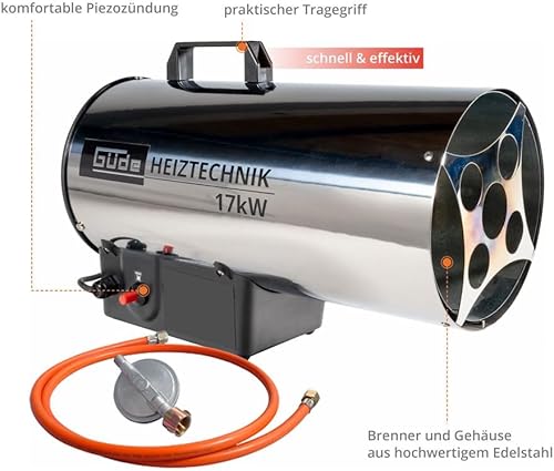 Güde 85006 Gasheizgebläse GGH 17 INOX (17kW, Edelstahlbrenner, Edelstahlgehäuse, Schlauch 1,5 m, Druckminderer)