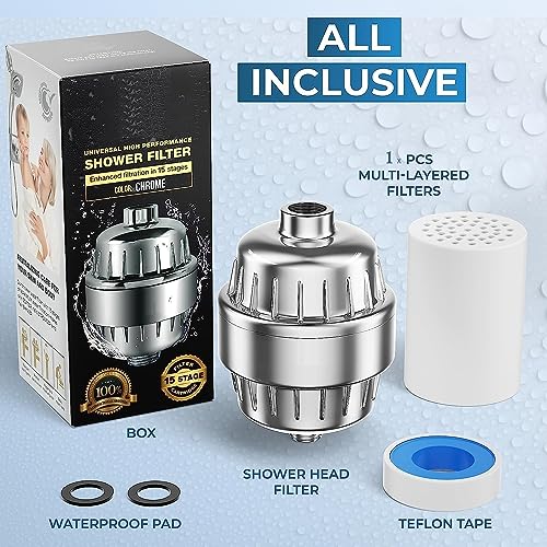 Image of FEELSO 15 Stage Shower Sedimentation Filter With Vitamin C For Hard Water - High Output Shower Water Filter To Remove Chlorine And Fluoride - 2 Cartridges Included Water Flow Showerhead Filter,Silver