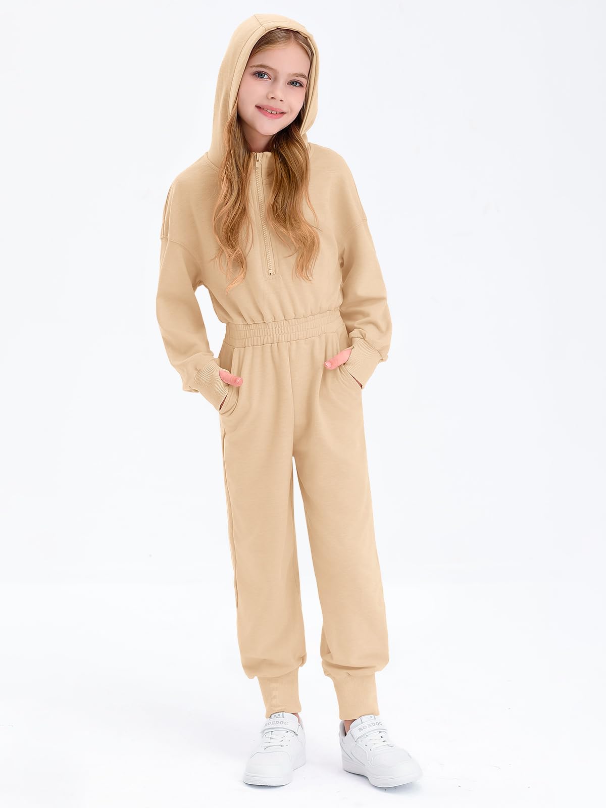 Haloumoning Lässiger Jumpsuit für Mädchen, langärmelig, mit Kapuze, Strampler, langer Einteiler mit Taschen, Größe 4–14