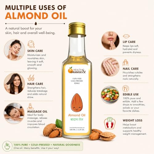 Image of H&O Sweet Almond Oil - 100% Pure Cold Pressed Edible Badam Tel - 300ml Glass Bottle - For Healthy Skin, Hair and Body