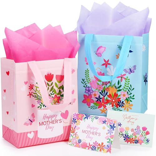 SUNCOLOR Mothers Day Gift Bags with Tissue Paper Floral Design Non-Woven Material 10x8x4.7 Inches Pink and Blue 2 Pack