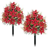 2 Packs 23.6' Poinsettia Flowers Artificial Trees, Artificial Christmas Flowers for Outdoors, Faux Poinsettia UV Resistant Shrubs for Porch Patio Garden Cemetery Decoration （Red
