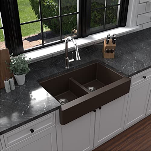Karran Retrofit Farmhouse Apron Front Quartz Composite 34 in. Double Bowl Kitchen Sink in Brown