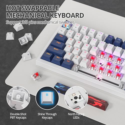 Image of 75% Mechanical Gaming Keyboard, Hot Swappable RGB Backlit Custom With Knob, Gasket Mount USB Wired, 82 Keys Blue White Linear Red Switch (82 Blue White)