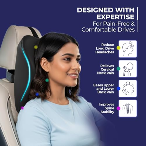 Image of WELLGIVER Orthopedic Memory Foam Car Neck Rest Pillow - Cervical Support Cushion for Neck Pain Relief, Adjustable Strap - Universal Fit for All Cars | Black Velvet | Pack of 2