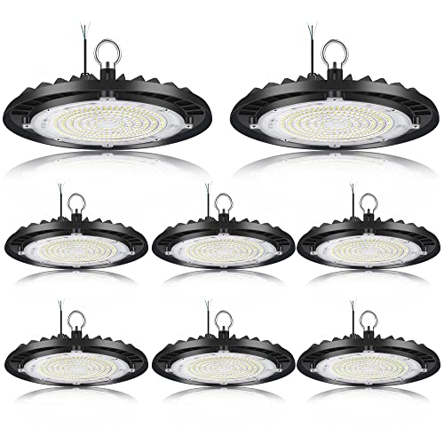 CINOTON 150W UFO LED High Bay Lights with Self-wiring, 22500LM[600W HID/HPS Equiv.] IP65 Waterproof Commercial Bay Lighting for Workshop Barn Stadium Gyms Factory 5000K-Daylight 277V ETL Listed 8 Pack