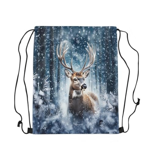 Erosebridal 3D Deer Drawstring Backpack 13x15.7, Safari Wild Animal Drawstring Bags, Elk Snowflakes Hunting Reversible Draw String Back Bag For Swim Yoga, Woodland Wildlife String Backpack3