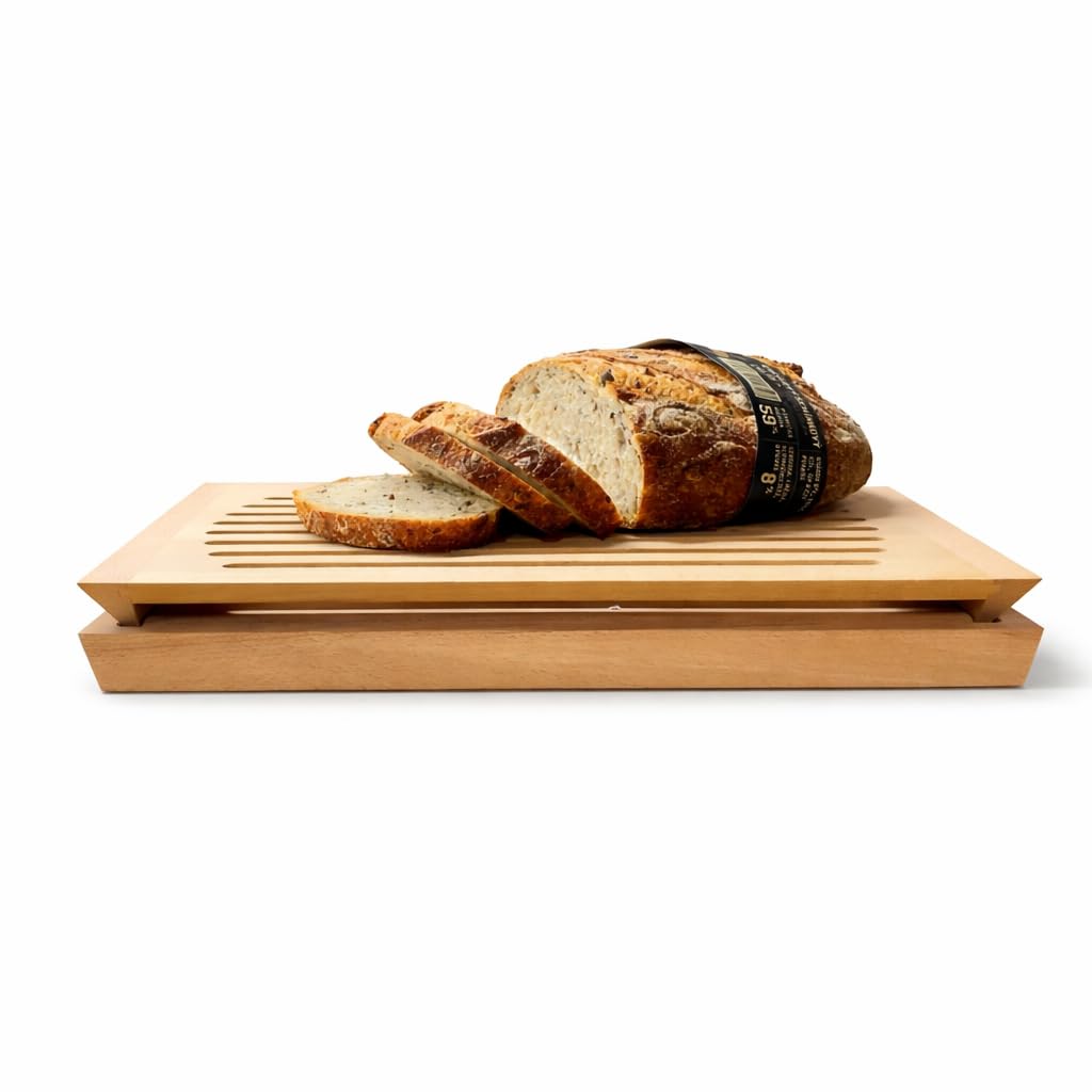Brotschneidebrett mit Krümelrost - 2-teiliges Praktisches Krümelfach Brotbretter Holz Schneidebrett mit Auffangschale