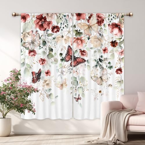 Mitpok Red Floral Butterfly Curtains for Bedroom 42Wx63HH Inch Rod Pocket Green Leaves Country Spring Plant Natural Botanical Girl Woman Elegant 2 Panel Window Treatment Set for Living Room Decor