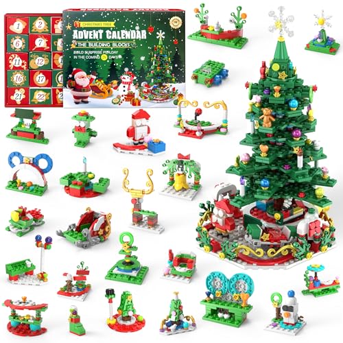 LINAYE Advent Calendar 2024, Christmas Tree Building Blocks Set for Kids Teen Adults, 24 Days Christmas Countdown Calendar, Christmas Building Toys, Christmas Advent Gifts for Boys Girls Women Men