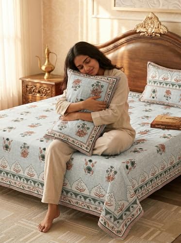 Image of Mafatlal 144 TC Jaipuri Cotton King Bedsheet | 90 x 108 Inches | Traditional Print | Long Lasting & Comfortable | 2 Pillow Covers | Star White