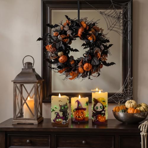 Image of Halloween Flameless Candles, Battery Operated Candles with Remote | Fiber Optic Flameless Pillar Candles Set Of 3 For Halloween Decorations Indoor