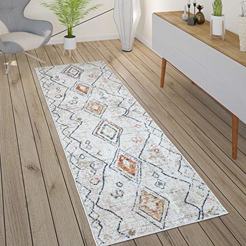 Tapis Salon Boho Ethnique Marocain Moderne Poils Ras Structuré Beige Coloré, Dimension:80x300 cm, Couleur:Crème 2