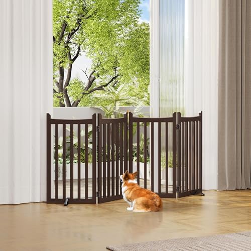 Image of Yaheetech Freestanding Pet Gate Indoor 4-Panel Wooden Stair Gate for Small and Medium Dogs, Foldable Dog Fence with 2 Support Feet,Pets Door for Doorways /Stairs /Halls /Kitchen (91cmH, Espresso)